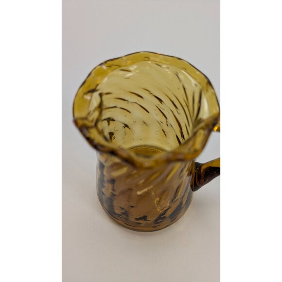 Amber Glass Pitcher Swirled Design Ruffled Rim Vintage - Picture 3 of 13